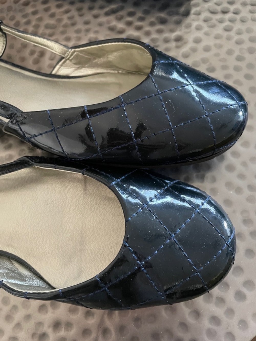 Talbots Glam Quilted Sling Flats Size8.5 Navy Patent Minimalist Preppy Normcore